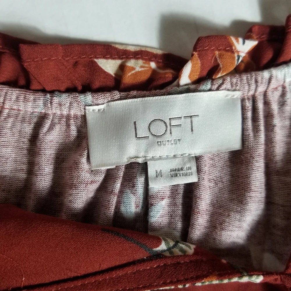 LOFT BOHO LEAF BLOUSE BURNT RED GREEN ORANGE SIZE MEDIUM - Picture 3 of 11
